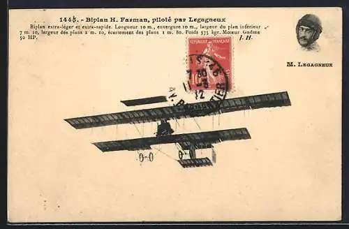 AK Flugzeug Biplan H. Farman, Pilot Legagneux