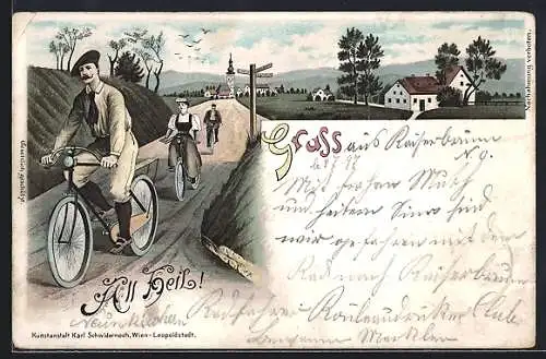 Lithographie Pozdrav, Ortsansicht, Fahrradfahrer