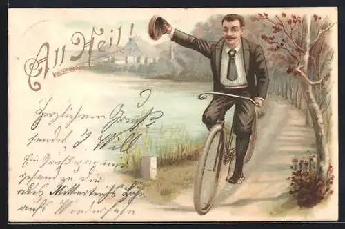 AK Junger Mann grüsst von seinem Fahrrad