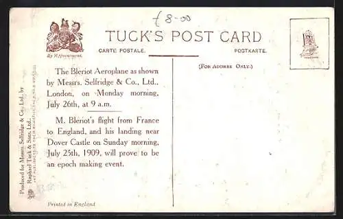 AK Flugzeug M. Blériot, Pilot M. Louis Blériot, Überquerung des Ärmelkanals 1909