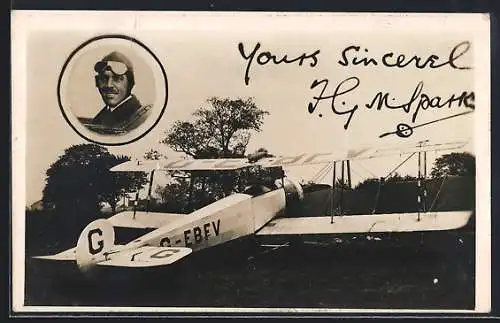 AK Doppeldecker-Flugzeug, Portrait des Piloten