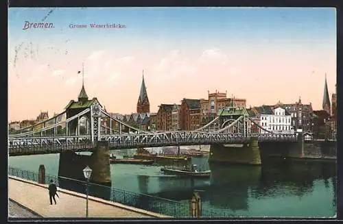 AK Bremen, Grosse Weserbrücke mit Lastkähnen