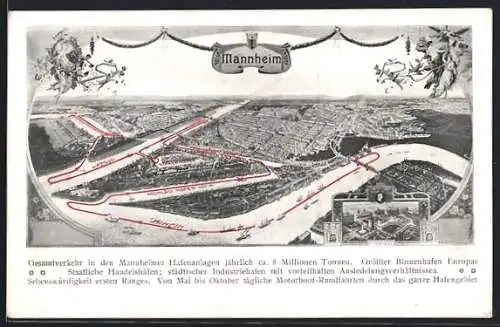 Künstler-AK Mannheim, Mannheim aus der Vogelschau mit Germania und Engeln