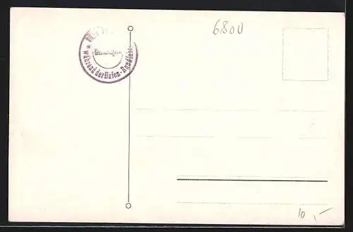 Künstler-AK Mannheim, Mannheim aus der Vogelschau mit Germania und Engeln