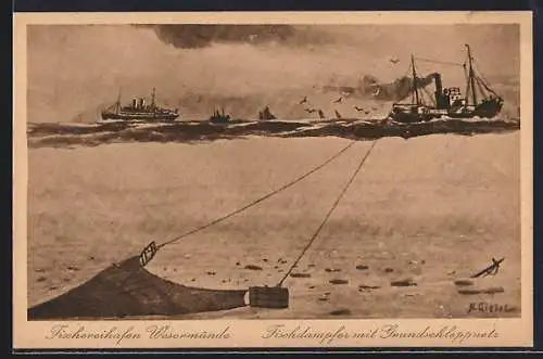 AK Wesermünde, Fischdampfer mit Grundschleppnetz