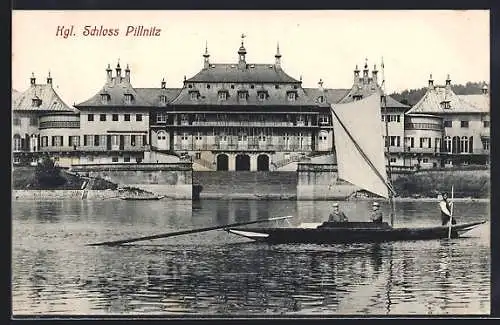 AK Dresden-Pillnitz, königliches Schloss mit Segelboot