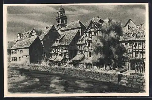 Künstler-AK Lauterbach H., Strassenpartie mit Fachwerkhäusern