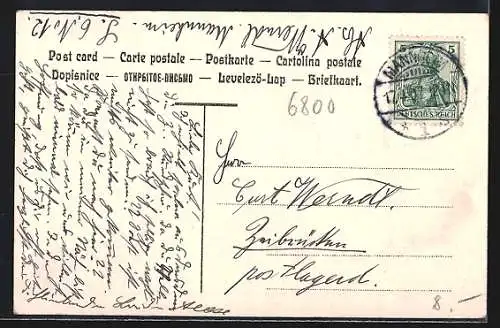 AK Mannheim, Arkadengebäude mit Fontäne und Gartenanlage