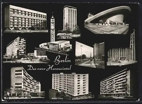 AK Berlin, neues Hansaviertel, Kongresshalle, Niemeyer-Haus, Aalto-Haus, Vago-Haus, Gropius-Ebert-Haus