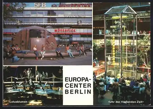 AK Berlin, Europa-Center, Teilansicht, Uhr der fliessenden Zeit, Lotusblumen