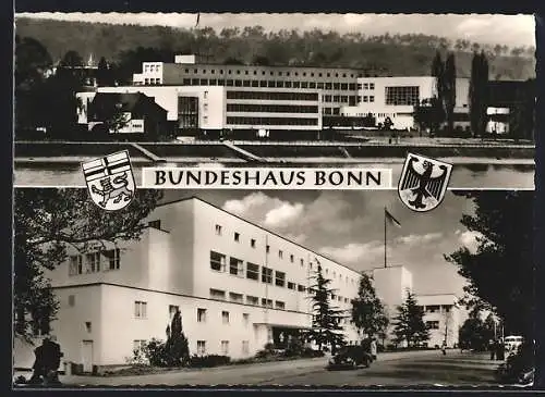 AK Bonn, Bundeshaus, Panorama vom Rhein, Ansicht mit Strasse, Wappen