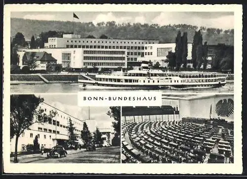 AK Bonn, Bundeshaus, Strassen-, Innen- u. Rheinansicht