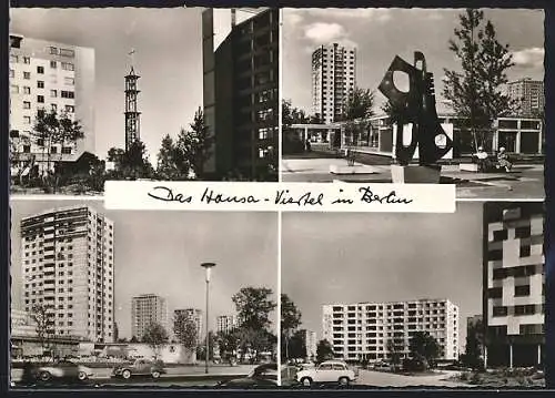 AK Berlin, Hansaviertel, Ortspartien mit Skulptur und Turm