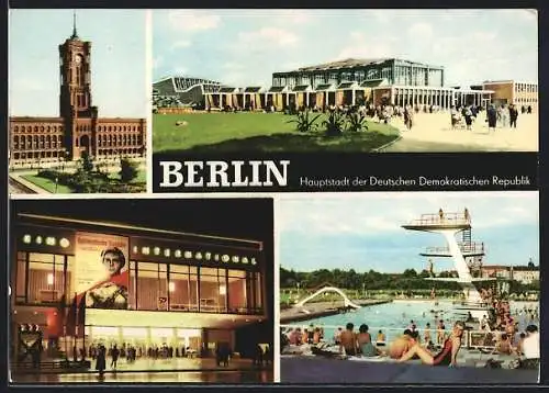 AK Berlin-Pankow, Im Freibad, Rathaus, Alfred-Brehm-Haus, Kino International