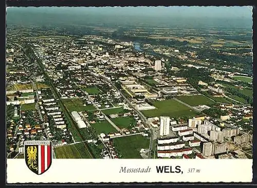 AK Wels /O. Ö., Gesamtansicht mit Neubauten, Fliegeraufnahme, Wappen