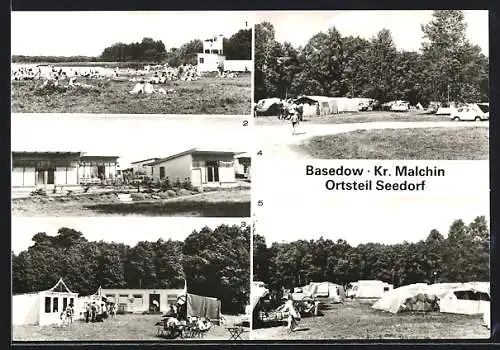 AK Basedow / Mecklenburg, Campingplatz C/7, Badestelle Malchiner See, Bungalowsiedlung, Strandmarkt, Zeltplatz