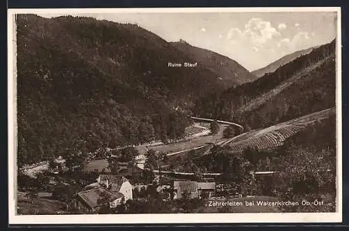 AK Waizenkirchen, Zehrerleiten mit Ruine Stauf aus der Vogelschau