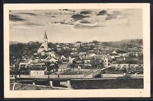 AK St. Georgen a. d. Gusen, Gesamtansicht mit Brücke aus der Vogelschau