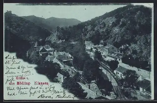 AK Mödling, Klausen, Totalansicht mit Bahnstrecke aus der Vogelschau