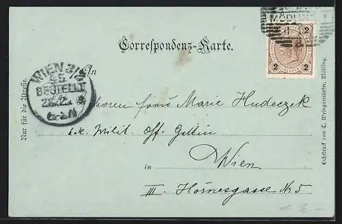 AK Mödling, Klausen, Totalansicht mit Bahnstrecke aus der Vogelschau