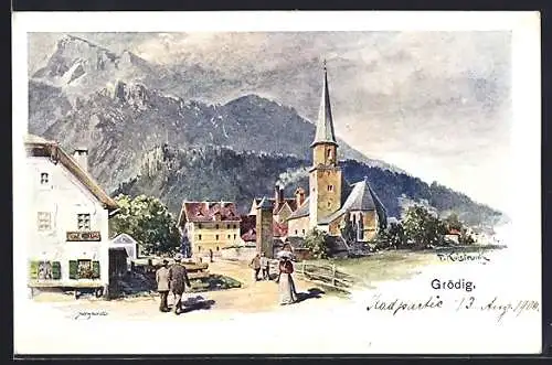 Künstler-AK Franz Kulstrunk: Grödig, Ortspartie an der Kirche