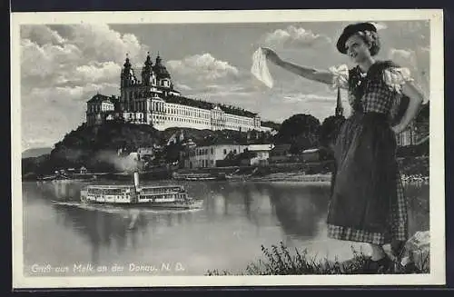 AK Melk a. d. Donau, Uferpartie mit Frau und Blick auf Kloster