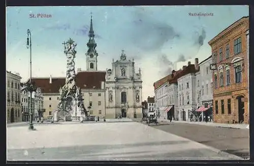 AK St. Pölten, Rathausplatz mit Säulendenkmal u. Rathaus