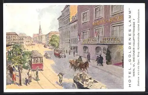 Künstler-AK Wien IV, Strassenbahn vor dem Hotel Goldenes Lamm