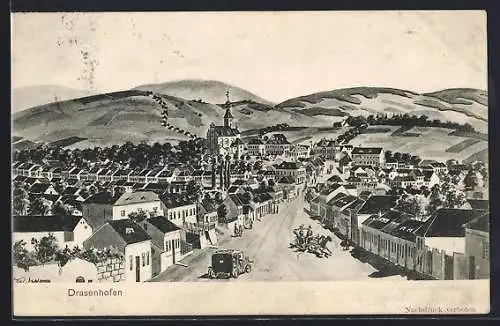 Künstler-AK Drasenhofen, Strassenpartie mit Kirche