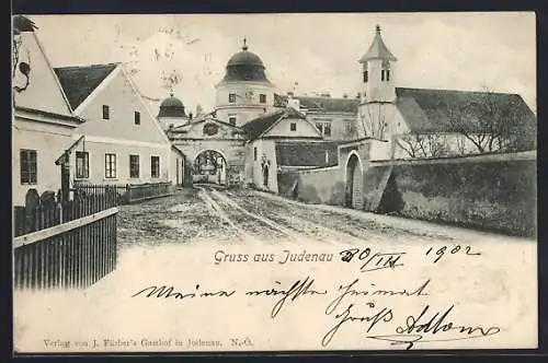 AK Judenau, Strassenpartie mit Kirche