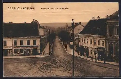AK Oberhollabrunn, Hauptplatz und Bismarckstrasse mit Buchhandlung von Maximilian Jordan