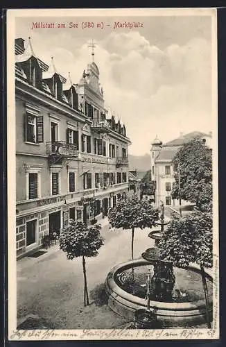 AK Millstatt am See, Marktplatz mit Restaurant und Brunnen