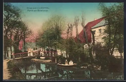 AK Lilienthal / Bremen, Partie am Badehause, mit Brücke u. Boot
