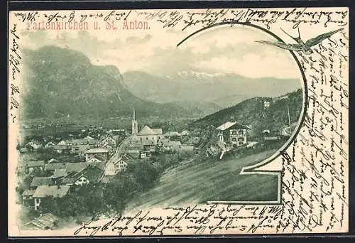 AK Partenkirchen, Totalansicht mit St. Anton und Bergpanorama