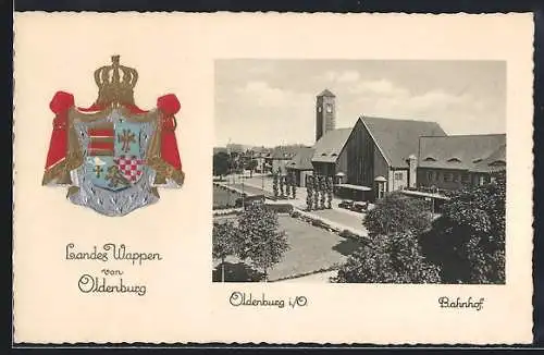 AK Oldenburg i. O., Bahnhof und Landes Wappen