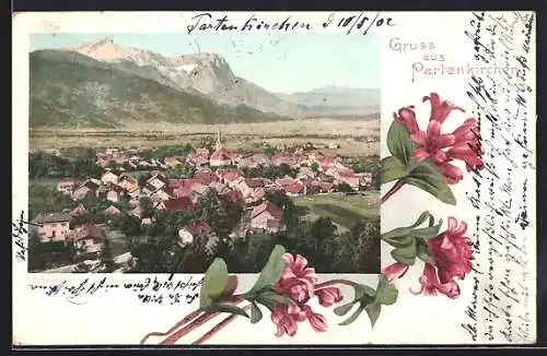 AK Partenkirchen, Ortsansicht über die Dächer mit Bergpanorama, Passepartout