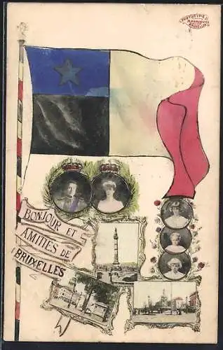 AK Bruxelles, Denkmal, Strassenpartie, Königspaar, Flagge, Passepartout