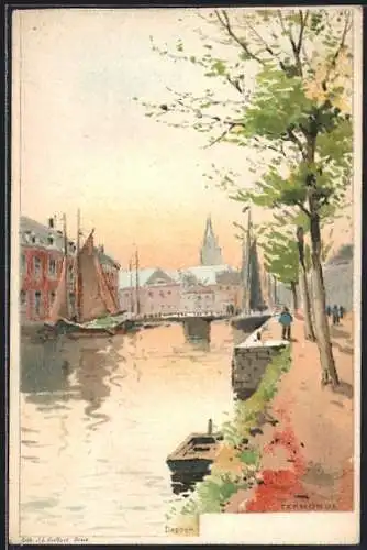 Künstler-Lithographie F. Ranot: Termonde, Partie am Wasser, La Belgique Pittoresque