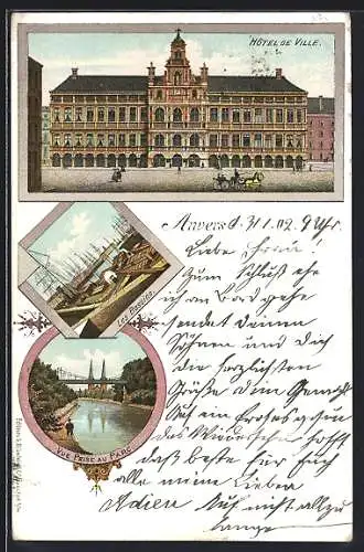 Lithographie Anvers, Hôtel de Ville, Les Bassins, Vue prise au Parc