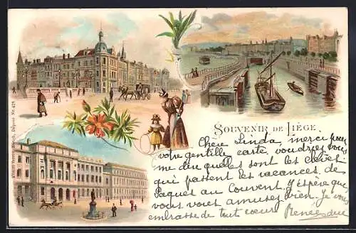 Lithographie Lüttich, Strassenpartie mit Denkmal, Hafen mit Promenade