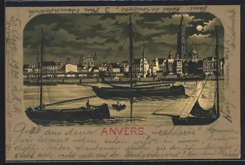 Mondschein-Lithographie Anvers, Uferpartie mit Kirche und Segelbooten