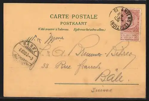 Mondschein-Lithographie Anvers, Uferpartie mit Kirche und Segelbooten