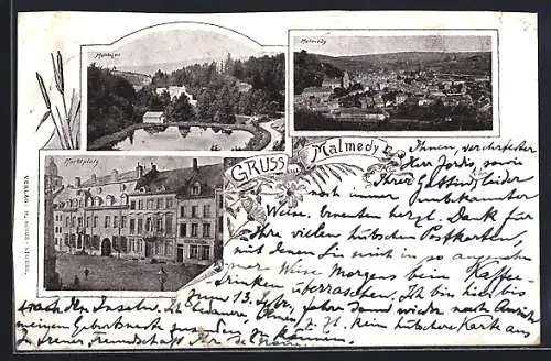 Lithographie Malmedy, Teilansicht, Montlujon, Marktplatz