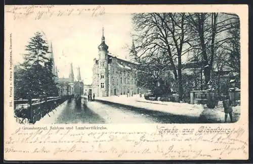 AK Oldenburg / O., Grossherzogl. Schloss und Lambertikirche im Winterglanz