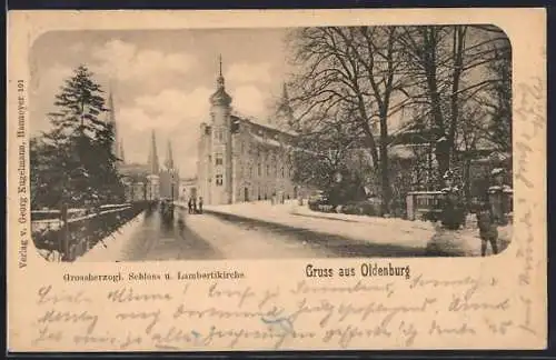 AK Oldenburg / O., Grossherzogliches Schloss und Lambertikirche im Schnee