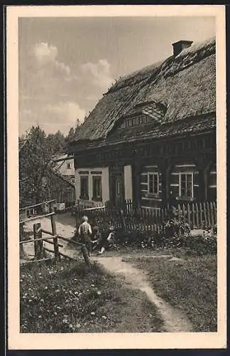 AK Waltersdorf / Sachsen, Kinder am Weberhäuschen