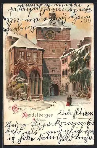 Lithographie Heidelberg, Innerer Schlosshof im Winter