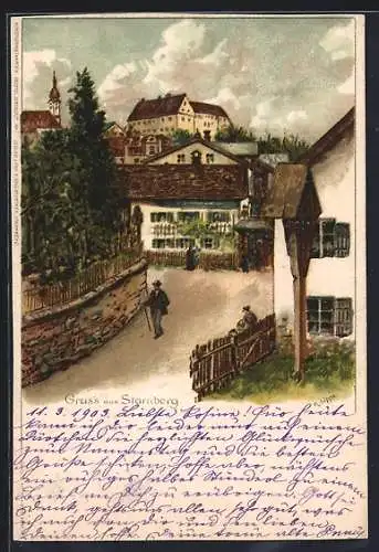 Künstler-AK Starnberg, Strassenpartie am Ortrand