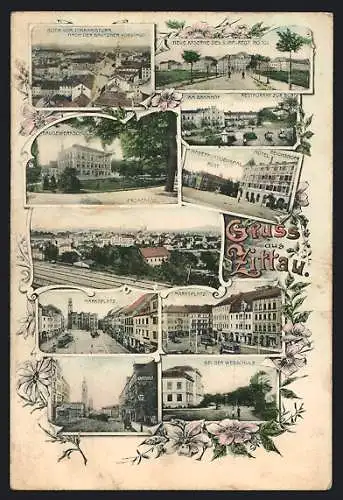 AK Zittau, Webschule, Marktplatz, Bahnhof und Restaurant zur Burg