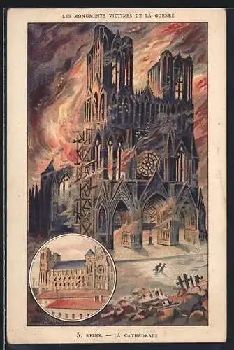 Künstler-AK Reims, brennende Kathedrale nach deutscher Offensive